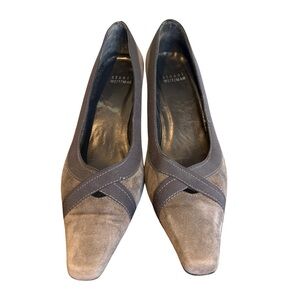 Stuart Weitzman smoky gray suede pumps with a cross-grain ribbon accent.